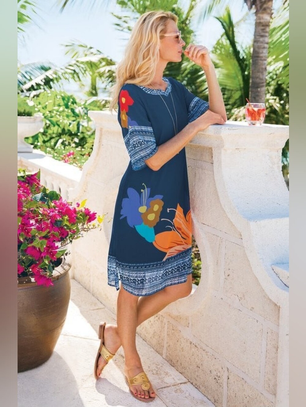Soft Surroundings Hibiscus Floral Blue Dress with Short Sleeves